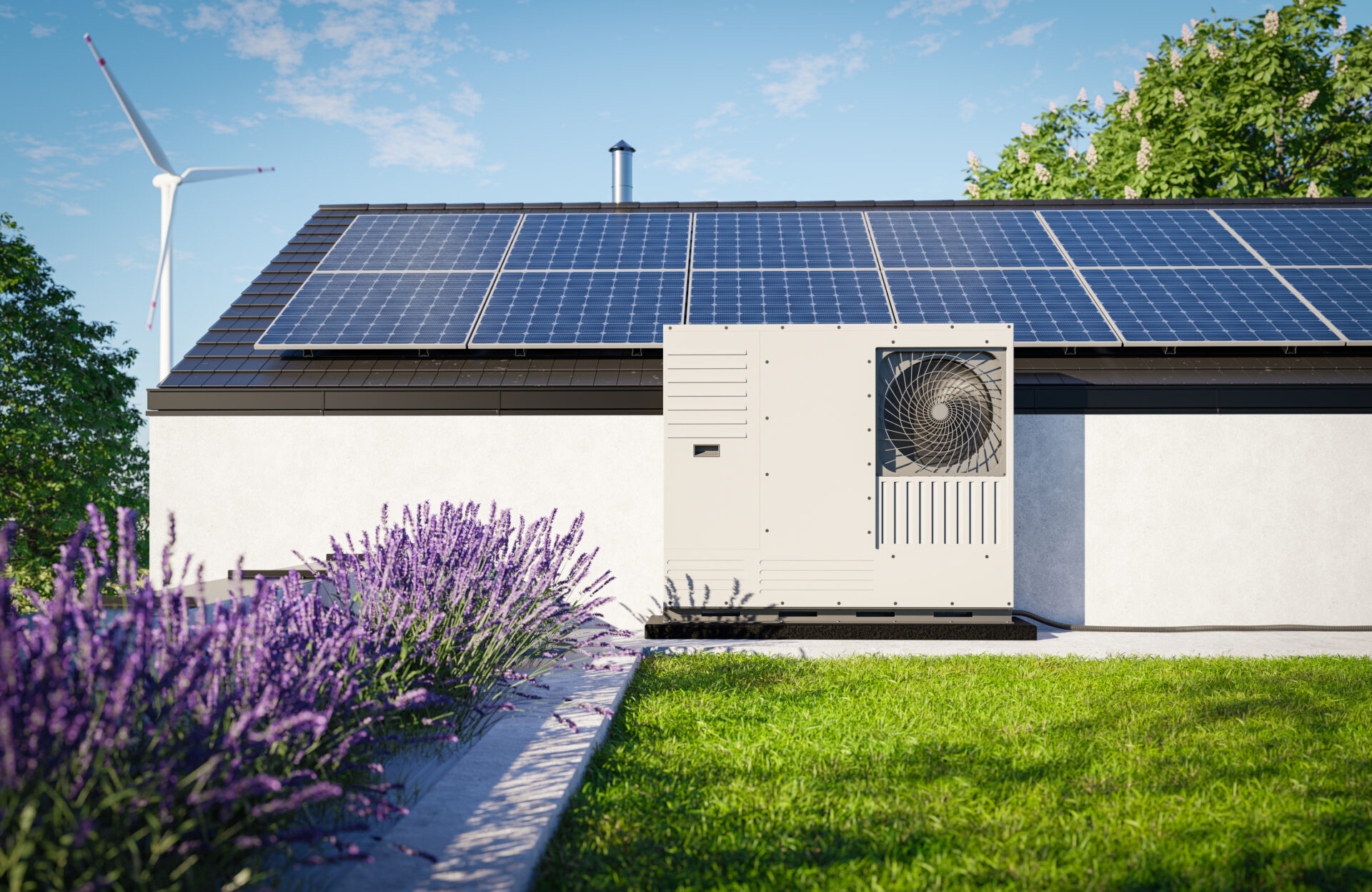 white house with solar panels