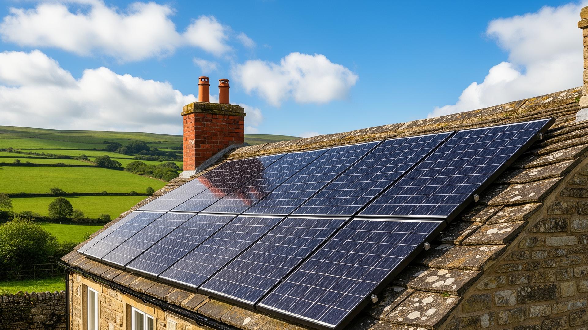 old stone house with solar panels in countryside